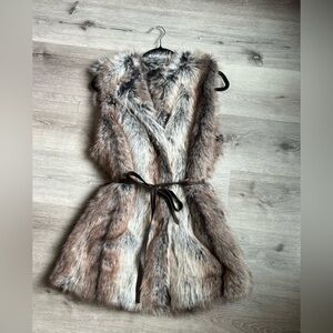 Faux Fur Sleeveless Vest with Belt - Taupe Mix